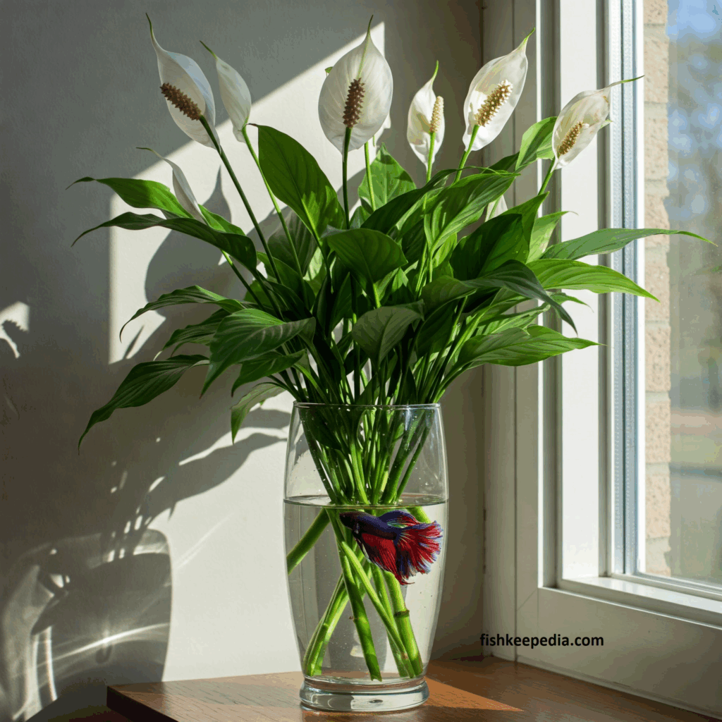 Peace lily plant with betta fish: You'll never guess what happened when I  put a houseplant in my betta tank! - fishkeepedia - all about fish and  fishkeeping